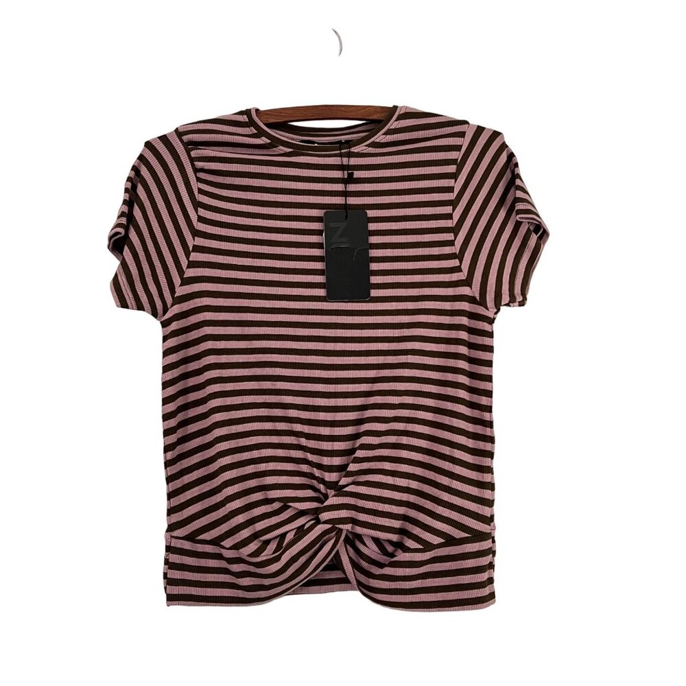 NUON Pink Green Striped Ribbed Short Sleeve Twist Front Top Size Large NEW
